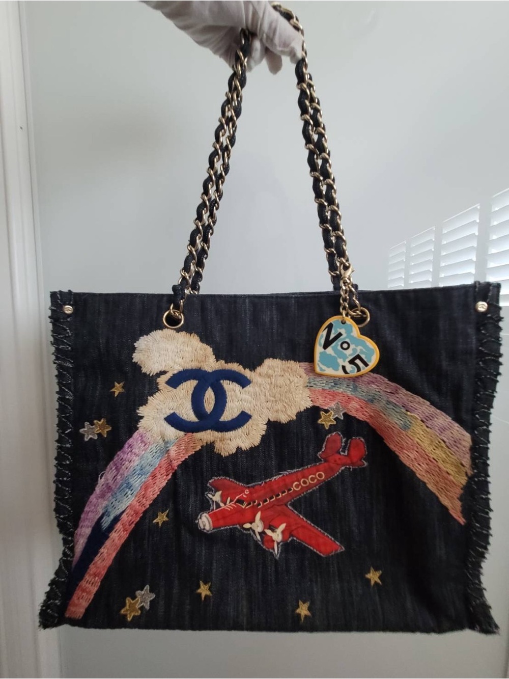 Chanel Night Flight Airplane Rainbow Multicolor Denim Embroidered Chain Tote